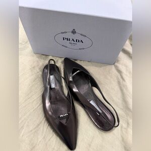 Prada Black Leather Pointed Slingback Flats
